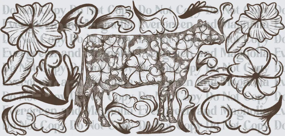 Floral Cow Botanical Sketch Brown Ink Illustration