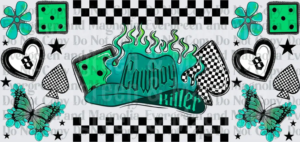 Cowboy Killer Flaming Hat Checkered Green Teal Wrap