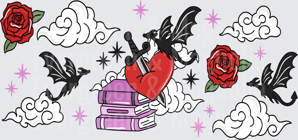 Fantasy Dragon Heart Dagger Books Roses Clouds Sparkles
