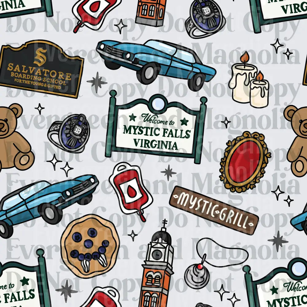 Mystic Falls Virginia Icon Pattern Collage Design