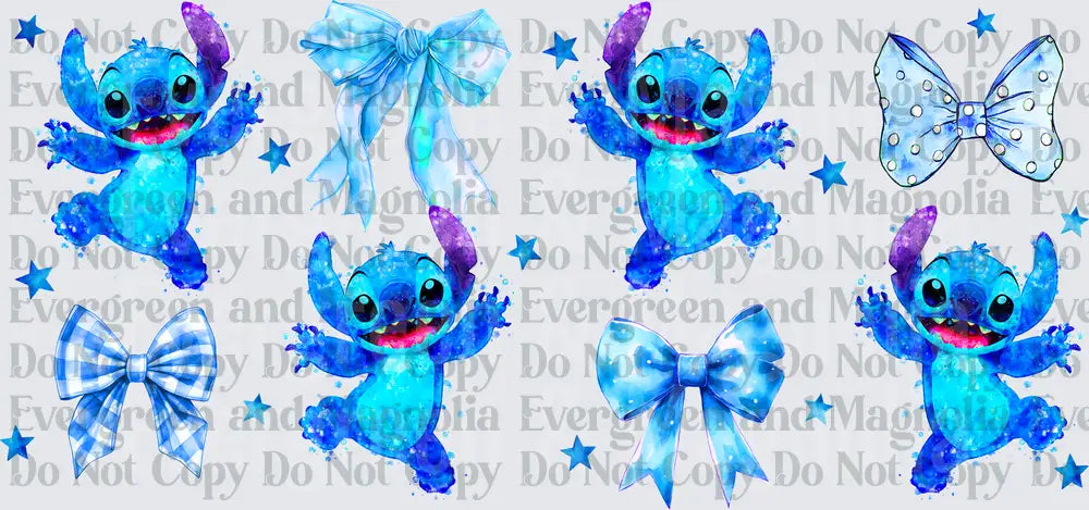 Blue Alien Character Glitter Bows and Stars Gang Sheet