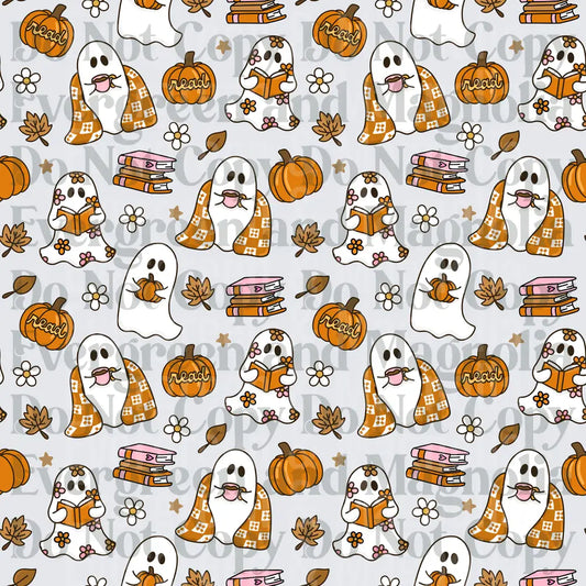 Fall Ghost Reading Book Pumpkin Seamless Pattern