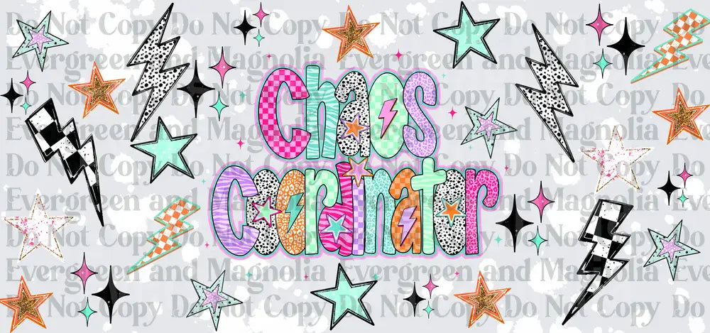 Chaos Coordinator Retro Patterned Letters Stars Lightning