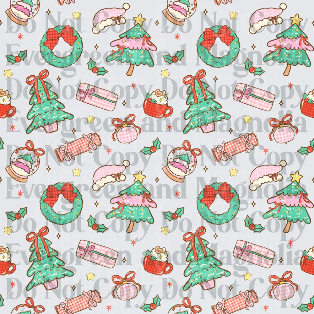 Kawaii Christmas Pattern Pink Green Holiday Icons Seamless