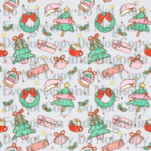 Kawaii Christmas Pattern Pink Green Holiday Icons Seamless