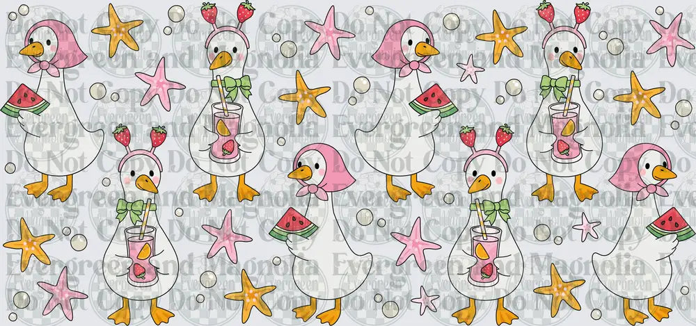 Summer Goose Pattern Pink Hat Watermelon Strawberry Drink