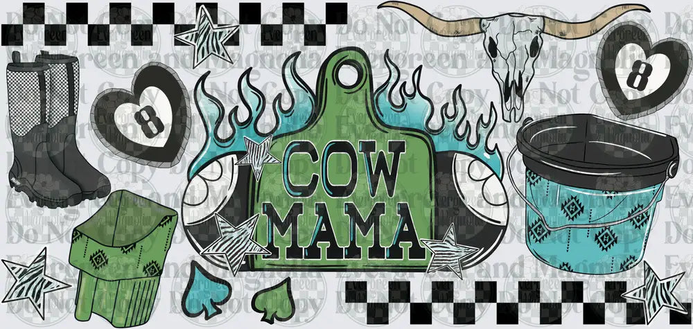 Cow Mama Western Ear Tag Flames Skull Ranch Life Collage
