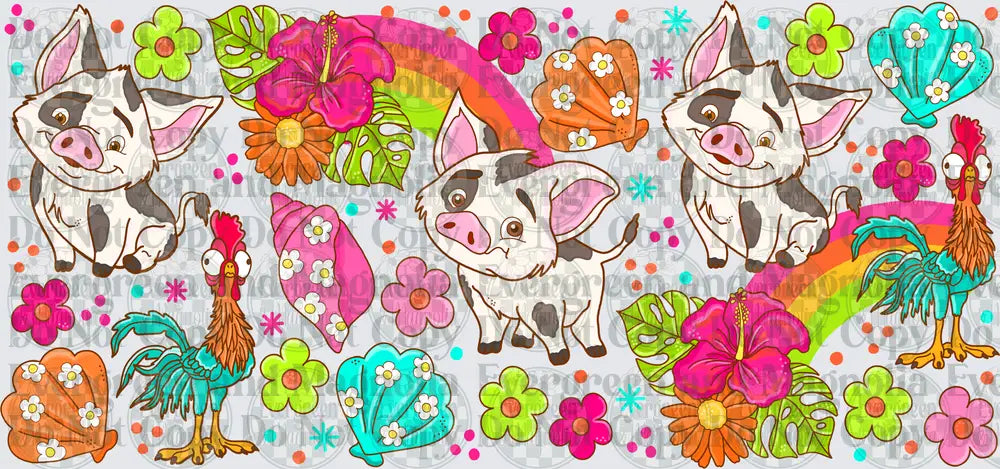 Cute Spotted Piglet & Rooster Tropical Floral Rainbow