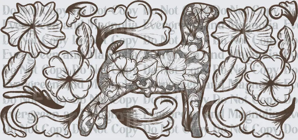 Floral Folk Art Dog Silhouette with Scrollwork Blooms