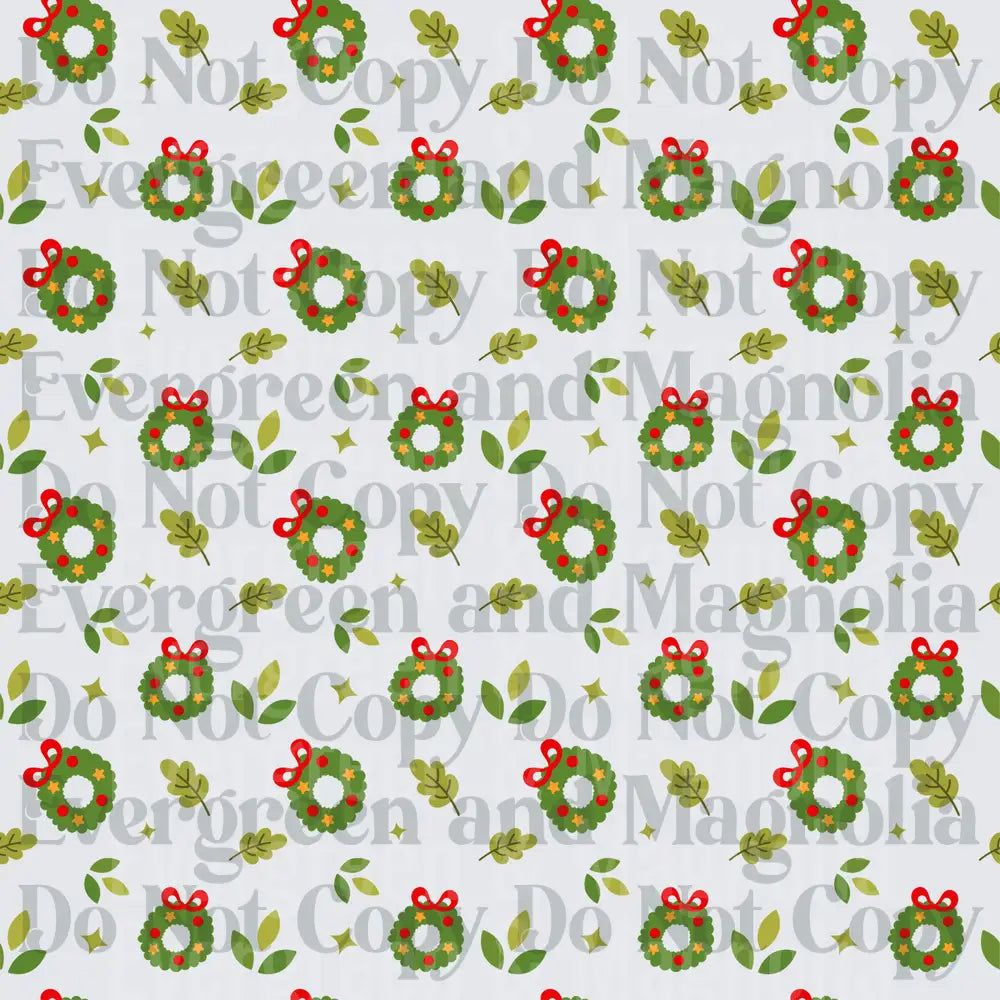 Christmas Wreath Red Bow Gold Stars Green Leaves Pattern