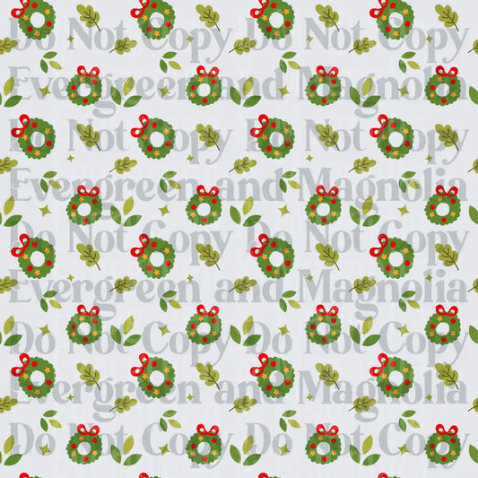 Christmas Wreath Red Bow Gold Stars Green Leaves Pattern