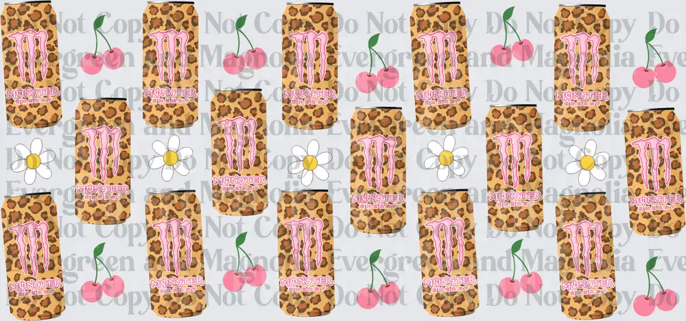 Pink Leopard Print Energy Drink Cans Cherries Daisy Pattern