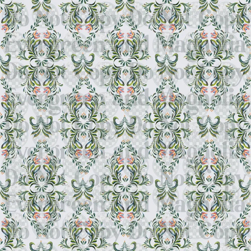Baroque Floral Damask Seamless Pattern Green Coral