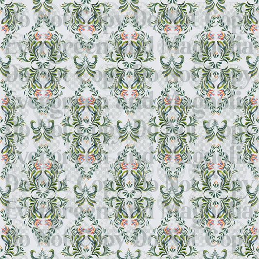 Baroque Floral Damask Seamless Pattern Green Coral