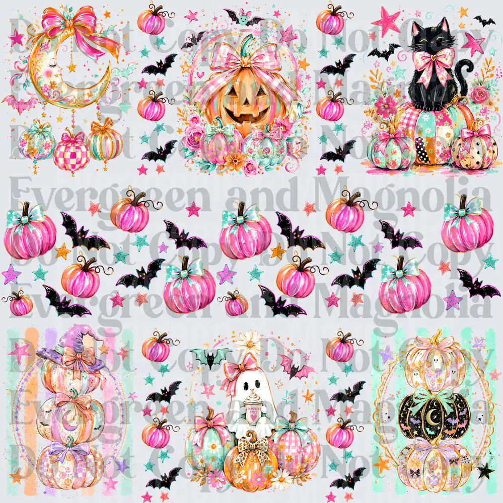 Boho Halloween Pumpkins Bats Ghost Black Cat Pink Bow Set