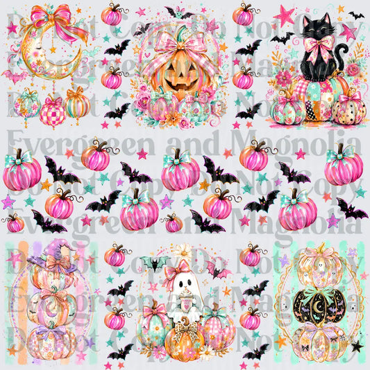 Boho Halloween Pumpkins Bats Ghost Black Cat Pink Bow Set