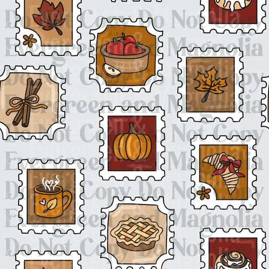Autumn Fall Postage Stamp Collage Pumpkin Apple Pie Leaf