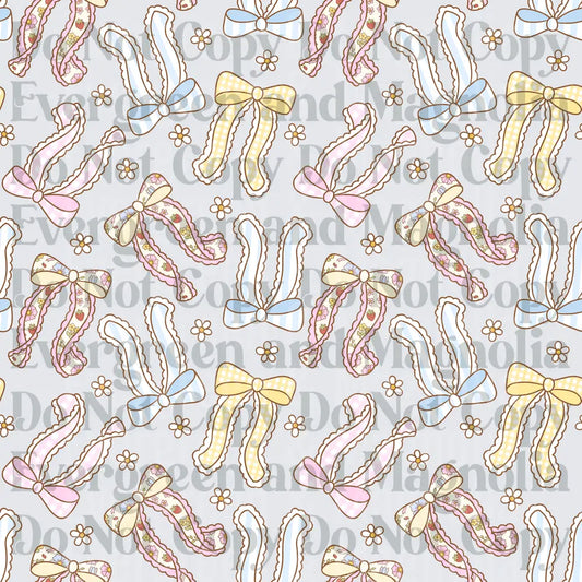 Pastel Coquette Bow Pattern with Daisies and Lace Trim