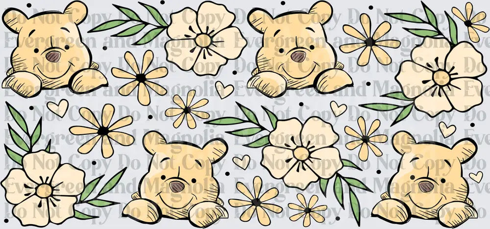 Cute Bear Floral Repeat Pattern with Hearts and Daisies
