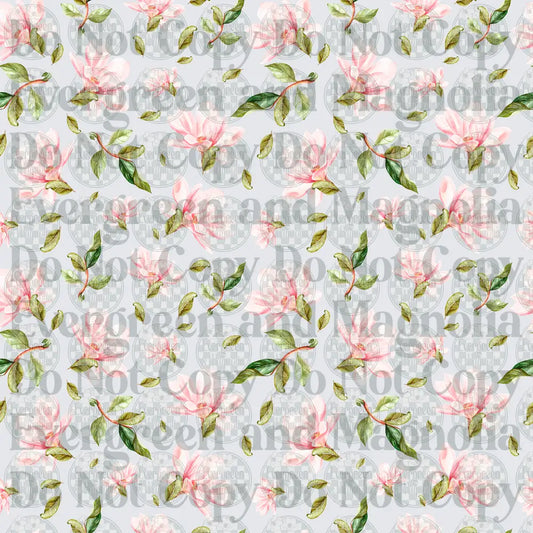 Watercolor Pink Magnolia Blossoms Scattered Floral Pattern