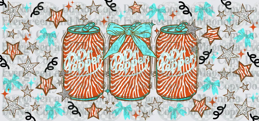 Three Zebra Print Soda Cans Teal Bow Stars Confetti