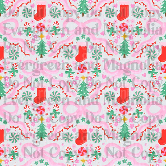 Pink Bow Christmas Pattern Stockings Candy Canes Trees