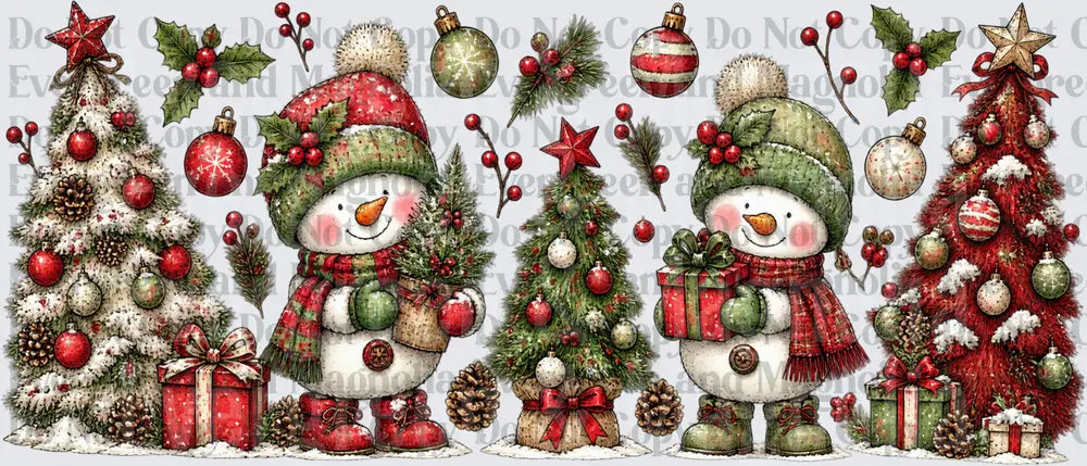 Whimsical Snowman Duo Christmas Trees Holiday Clipart Set