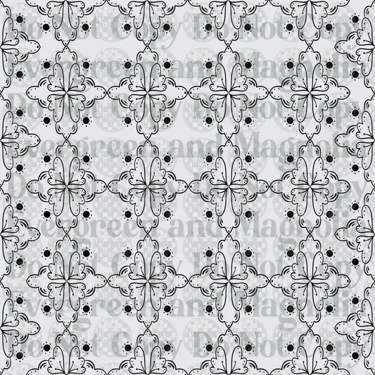 Black and White Ornamental Floral Cross Repeat Pattern