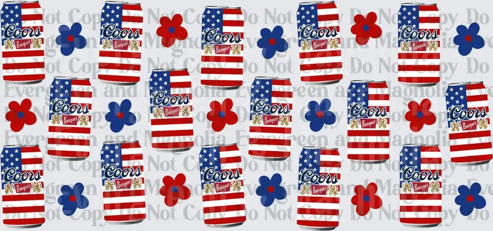 Patriotic American Flag Beer Cans Red Blue Floral Pattern
