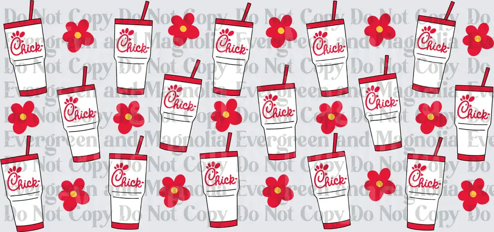 Fast Food Cup & Red Flower Pattern Repeat Design