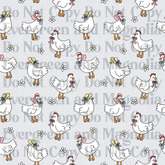 Cute Farmhouse Hens with Bows and Daisy Floral Pattern