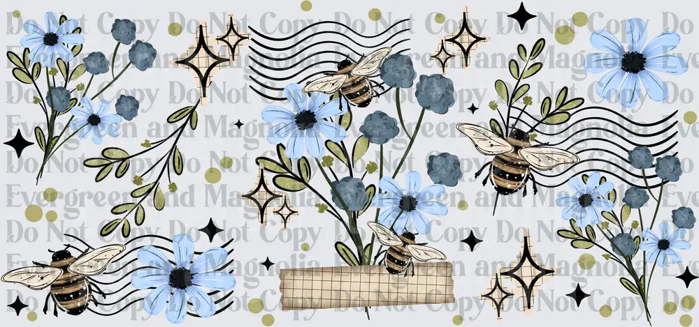 Boho Honey Bee Blue Wildflower Floral Sparkle Wave