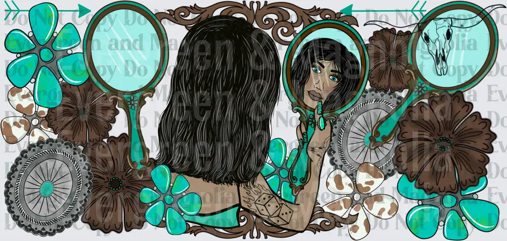 Boho Western Woman Mirror Reflection Turquoise Floral Skull