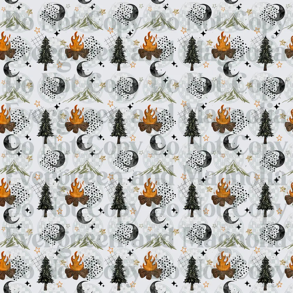 Camping Wilderness Pattern Campfire Pine Trees Moon Stars
