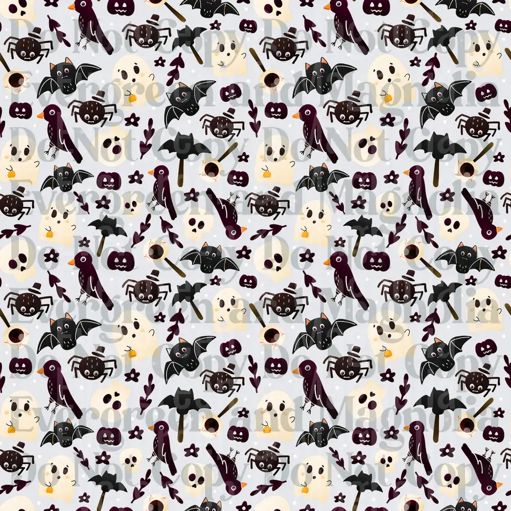 Cute Halloween Pattern Ghosts Bats Spiders Crows Skulls