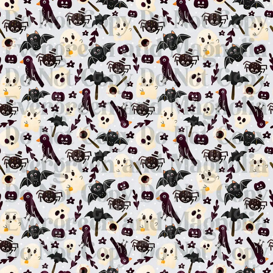Cute Halloween Pattern Ghosts Bats Spiders Crows Skulls