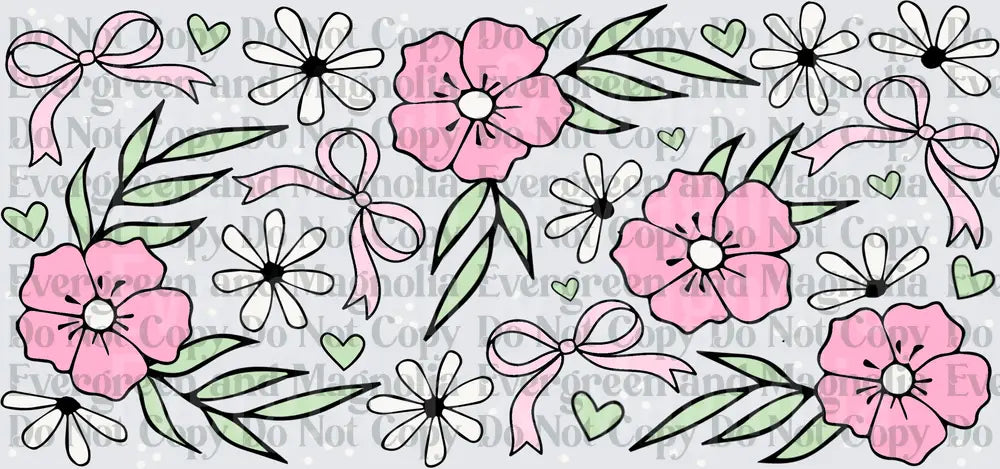 Pink Floral Daisy Bows and Hearts Scattered Pattern