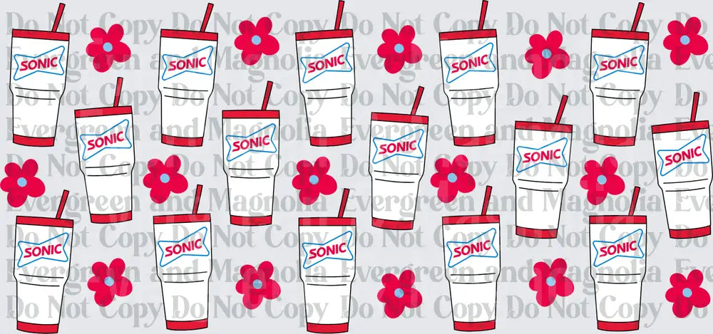 Repeating Fast Food Drink Cups and Pink Flowers Pattern