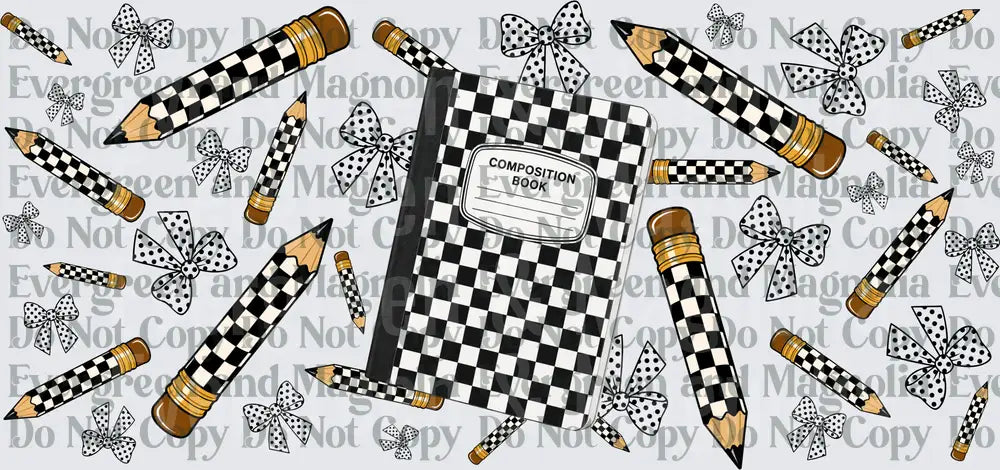 Checkered Composition Book Pencils Polka Dot Bows Pattern