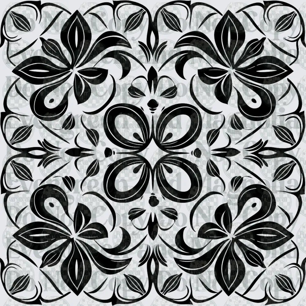 Black and White Symmetrical Floral Mandala Tile Pattern