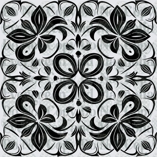Black and White Symmetrical Floral Mandala Tile Pattern