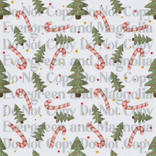 Watercolor Christmas Trees and Candy Canes Scattered Pattern