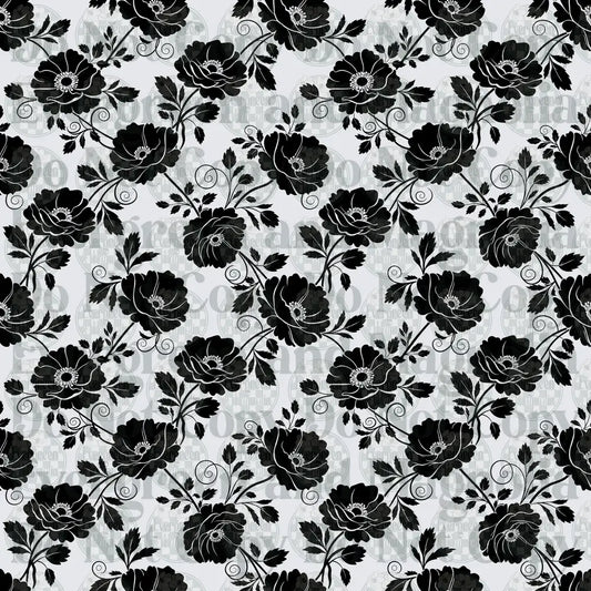 Black and White Floral Damask Pattern with Swirling Vines