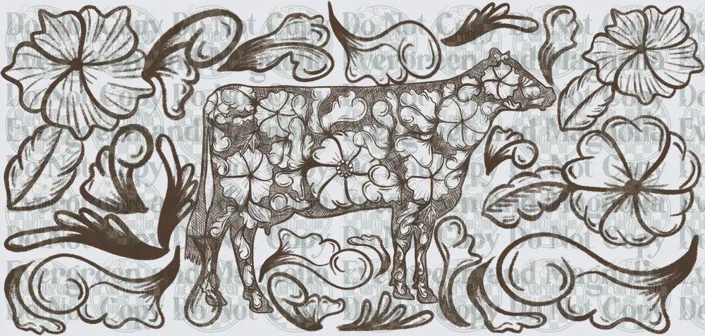 Floral Folk Art Cow with Botanical Scrollwork