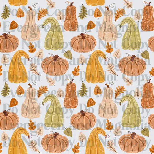 Autumn Pumpkins Gourds and Fall Leaves Seamless Pattern