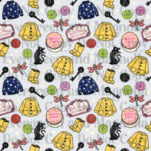 Coraline Inspired Icons Seamless Pattern with Buttons & Cat