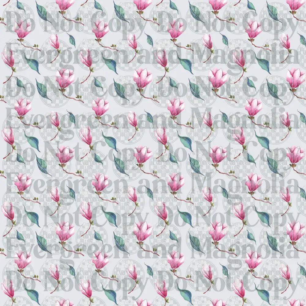 Watercolor Pink Magnolia Blooms and Blue Leaves Pattern