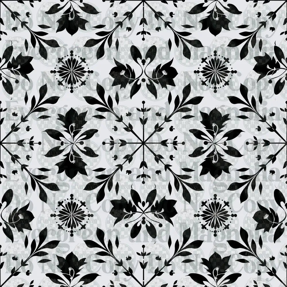 Black White Floral Damask Tile Repeat Pattern