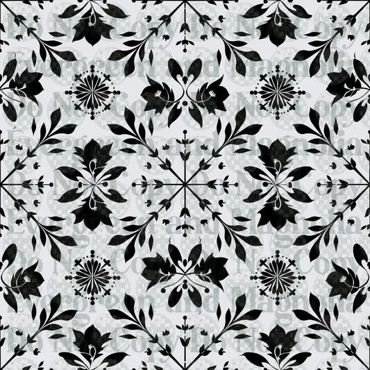 Black White Floral Damask Tile Repeat Pattern