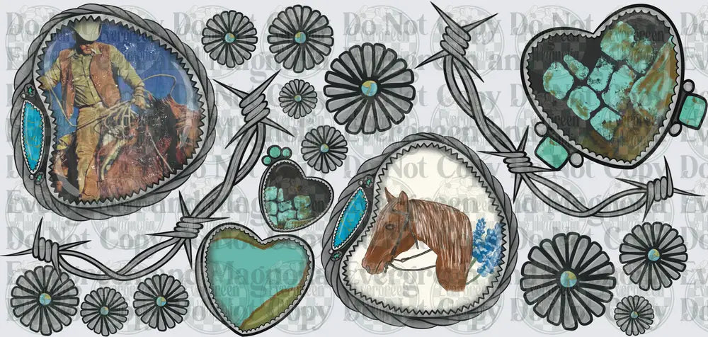 Western Turquoise Concho Hearts Barbed Wire Horse Cowboy